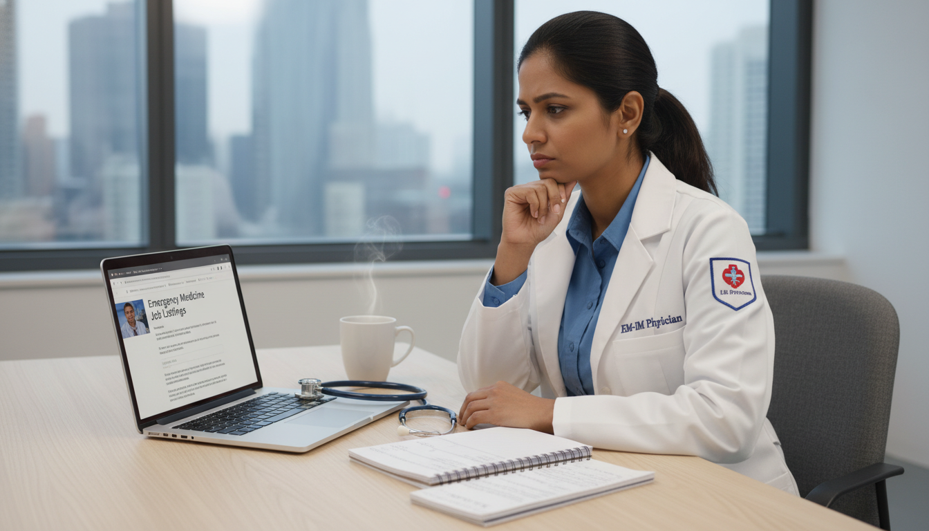 IMG EM-IM physician reviewing career pathway options and visa documents IMG EM-IM physician reviewing career pathway options and visa documents - IMG residency guide for Academic vs Private Practic