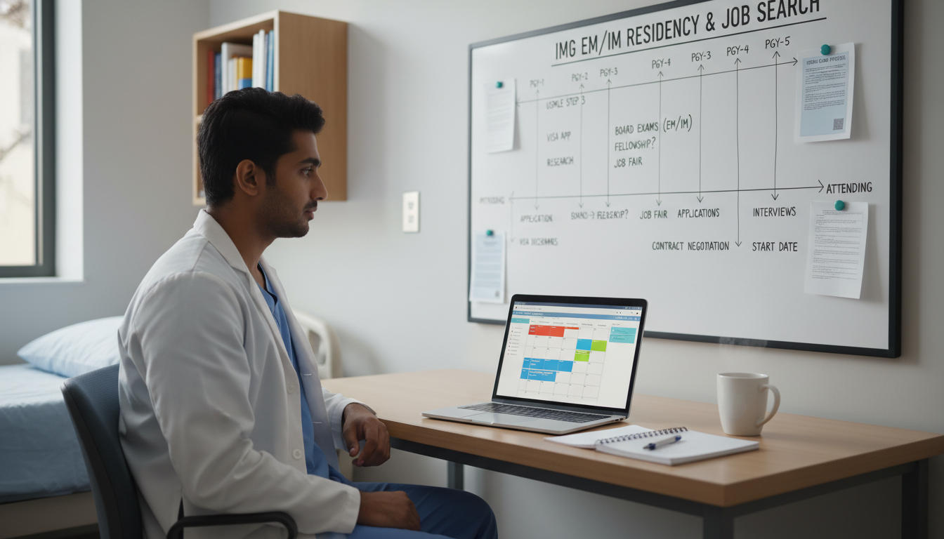 EM-IM resident mapping out multi-year job search timeline - IMG residency guide for Job Search Timing for International Medic