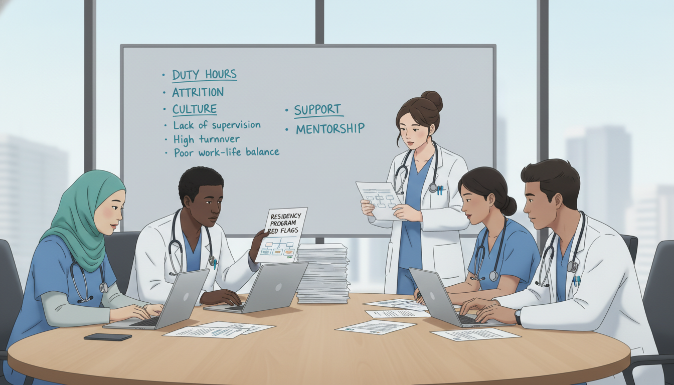 Residents in a conference room discussing red flags in residency programs Residents in a conference room discussing red flags in residency programs - IMG residency guide for Identifying Malignant Pro