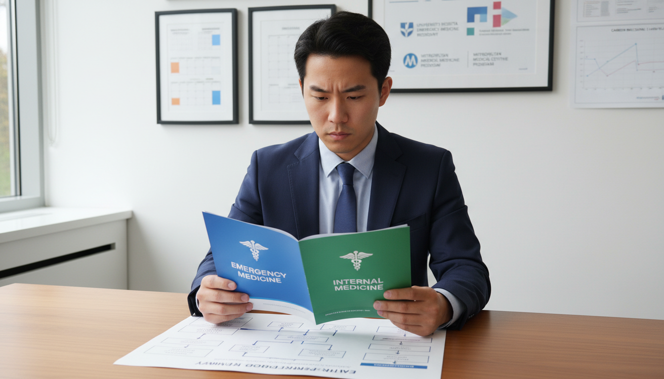 Resident reviewing emergency medicine-internal medicine dual pathway options - IMG residency guide for Program Selection Stra