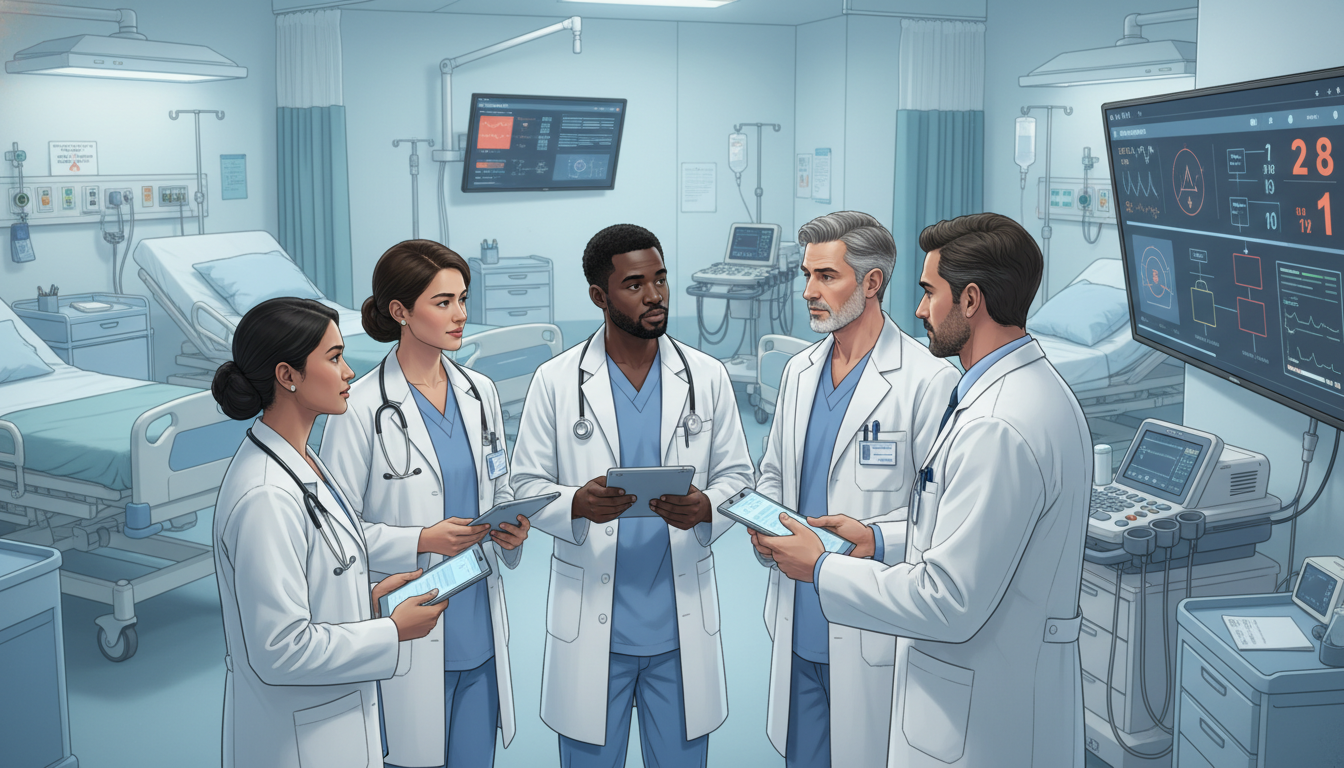 Emergency Medicine-Internal Medicine resident team in a teaching discussion Emergency Medicine-Internal Medicine resident team in a teaching discussion - IMG residency guide for Questions to Ask Progra