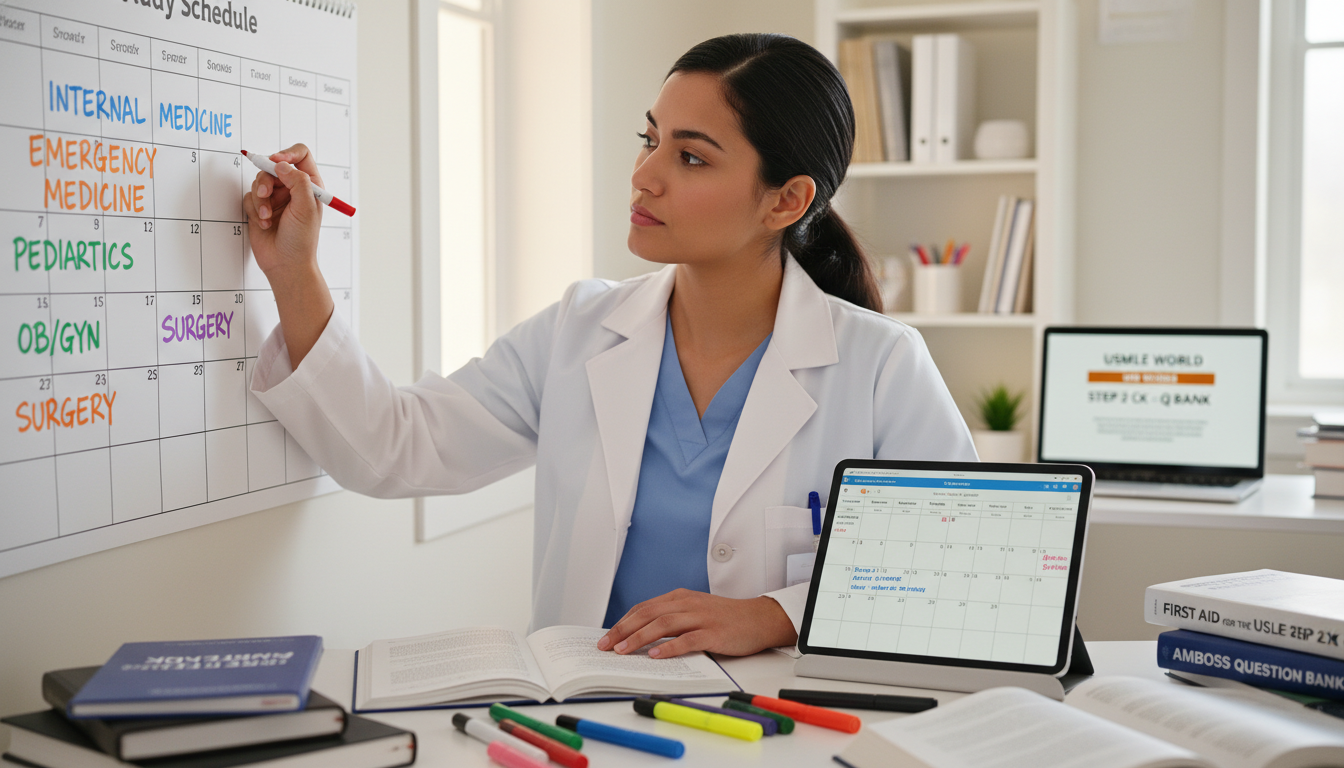 Medical student planning USMLE Step 2 CK study schedule on calendar - IMG residency guide for USMLE Step 2 CK Preparation for