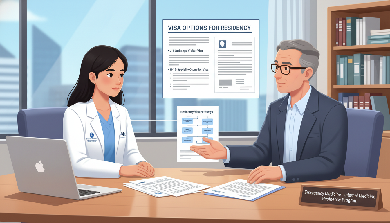 Resident reviewing J-1 versus H-1B visa documents with program coordinator Resident reviewing J-1 versus H-1B visa documents with program coordinator - IMG residency guide for Visa Navigation for Resi