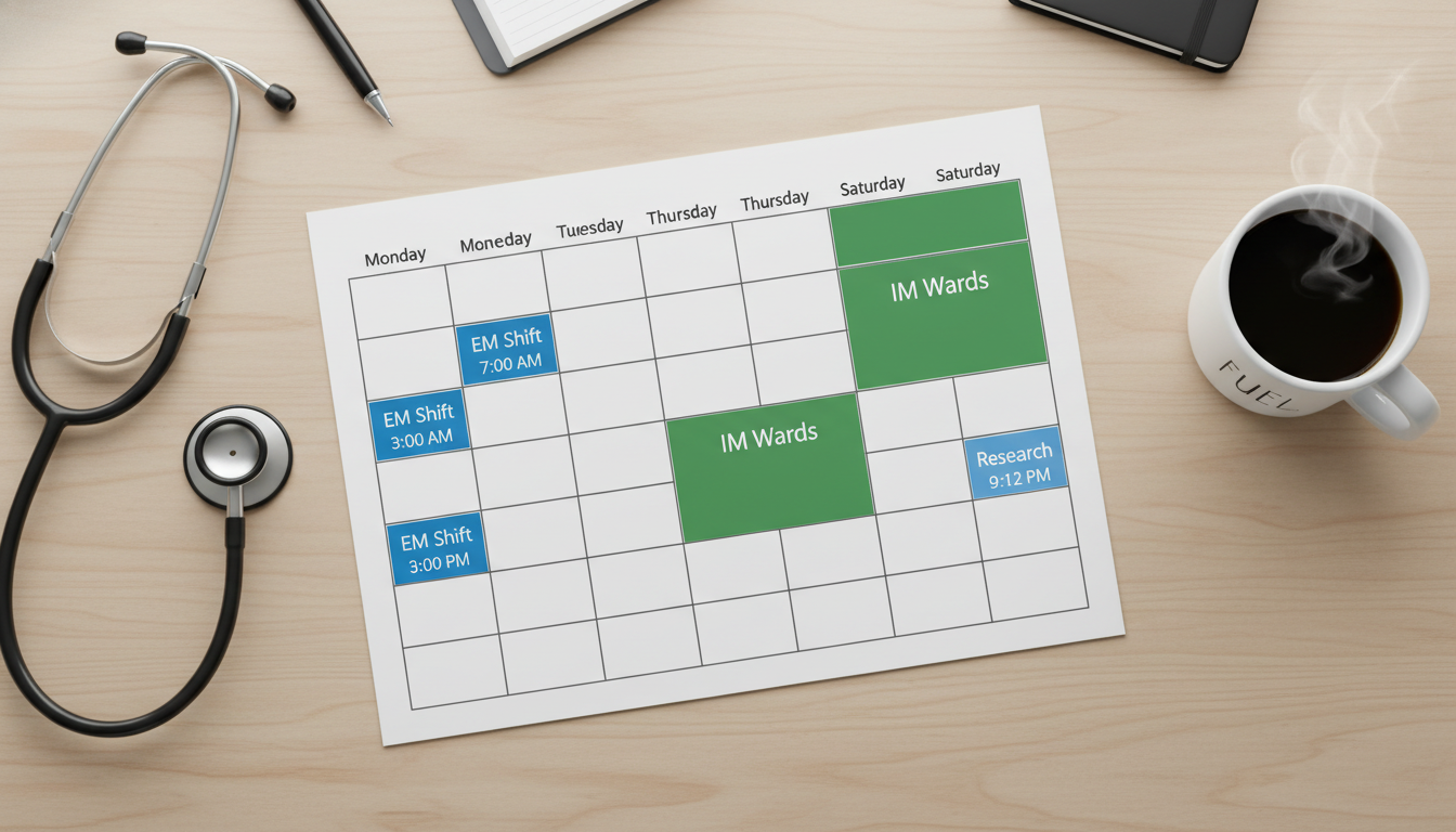 Sample weekly schedule of EM-IM resident comparing ED shifts and internal medicine ward days - IMG residency guide for Work-L