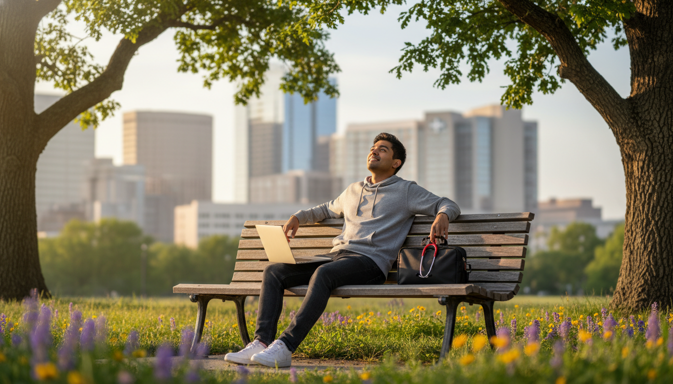 EM-IM resident enjoying day off outdoors, representing balanced lifestyle - IMG residency guide for Work-Life Balance Assessm