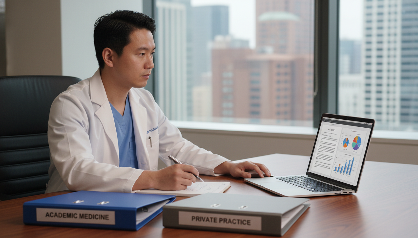 Emergency physician comparing academic and private practice career options Emergency physician comparing academic and private practice career options - IMG residency guide for Academic vs Private Prac