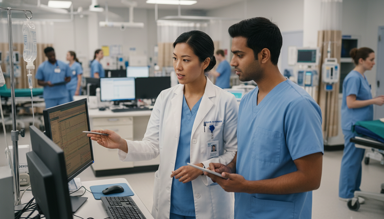 Emergency medicine attending teaching an IMG student during a busy ED shift - IMG residency guide for Low Step Score Strategi