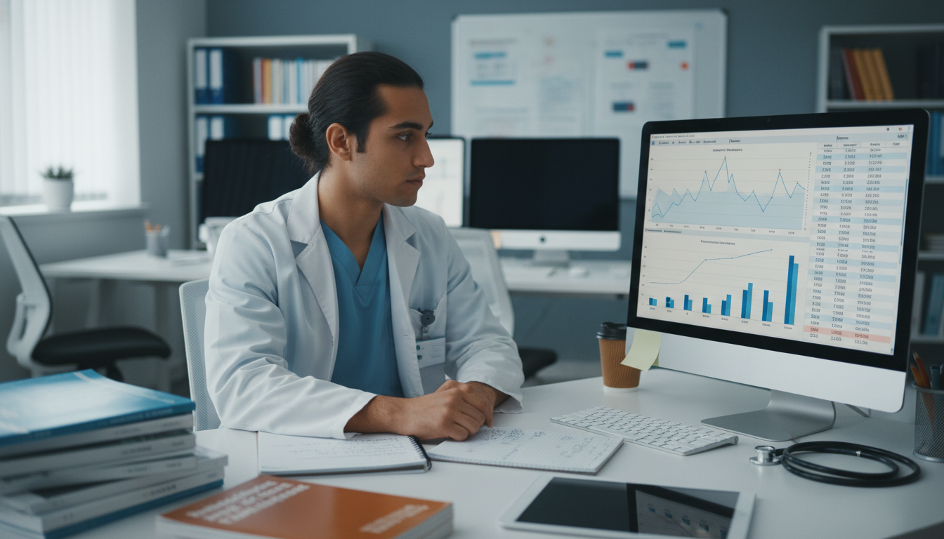 IMG emergency medicine resident analyzing research data at computer IMG emergency medicine resident analyzing research data at computer - IMG residency guide for Research During Residency for I