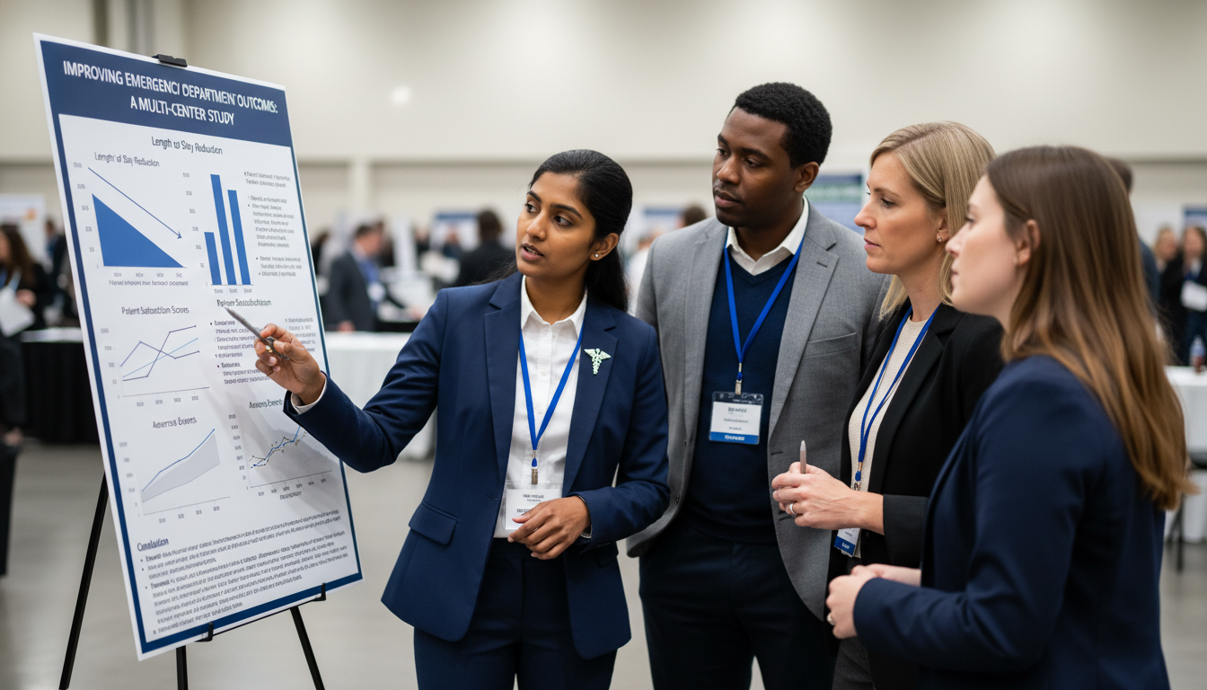 Emergency medicine resident presenting research poster at a conference - IMG residency guide for Research Profile Building fo