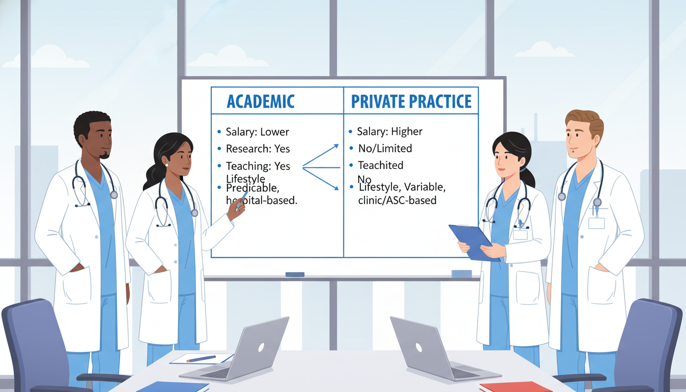 Otolaryngology resident comparing academic and private practice options on a whiteboard Otolaryngology resident comparing academic and private practice options on a whiteboard - IMG residency guide for Academic vs
