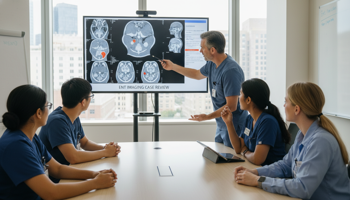 ENT residents in a training conference reviewing patient cases ENT residents in a training conference reviewing patient cases - IMG residency guide for Identifying Malignant Programs for I