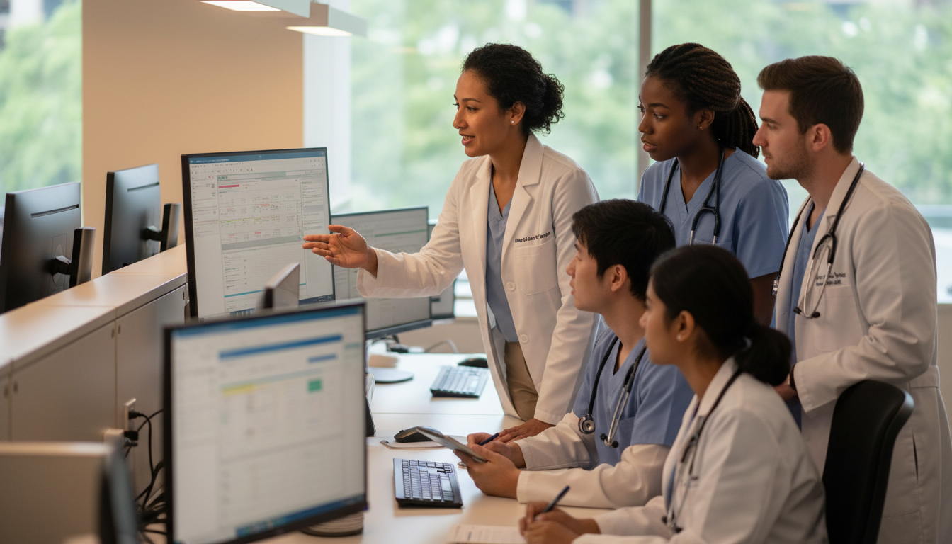 Family medicine residents and faculty physician in a teaching clinic environment - IMG residency guide for Academic vs Privat