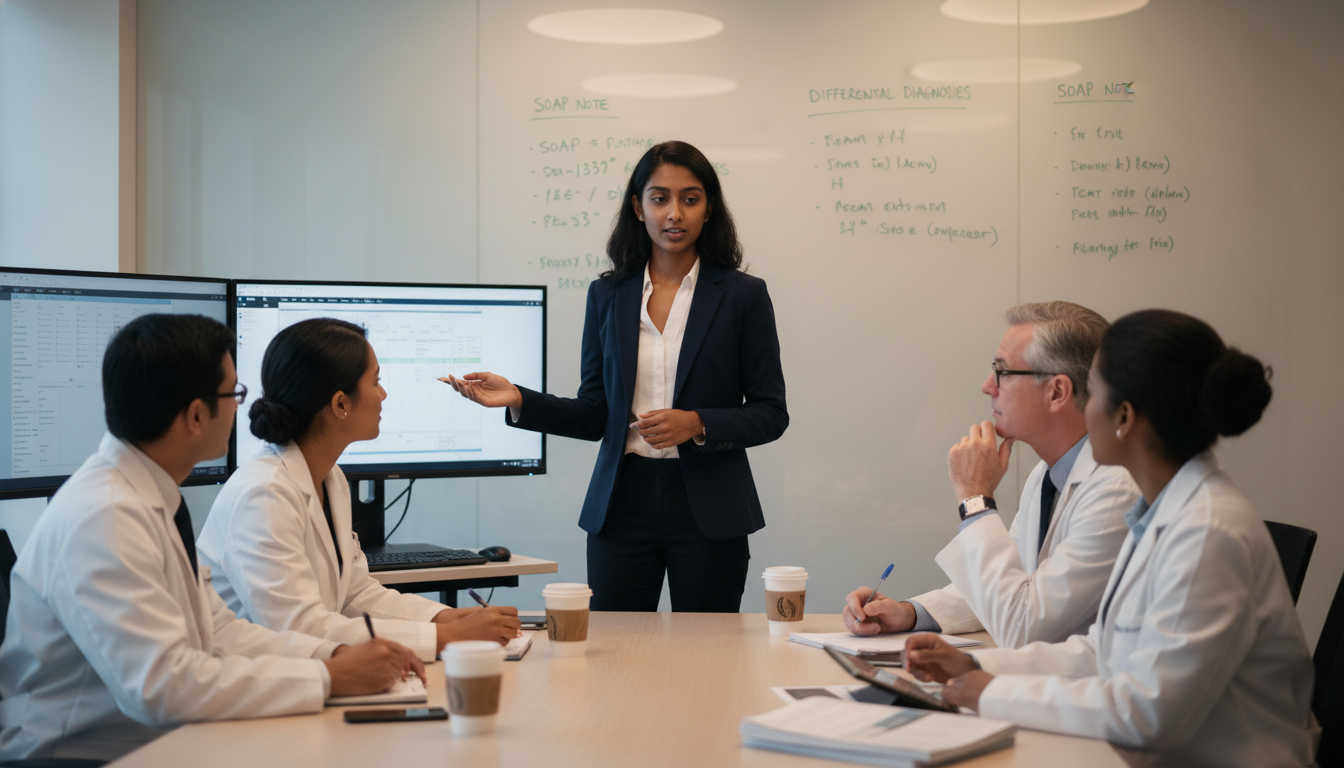 International medical graduate presenting a patient case during family medicine away rotation - IMG residency guide for Away