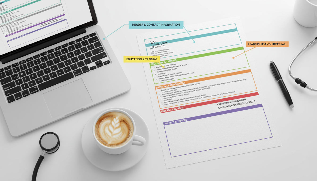 Structured medical residency CV layout on desk Structured medical residency CV layout on desk - IMG residency guide for CV Building for International Medical Graduate (IMG)