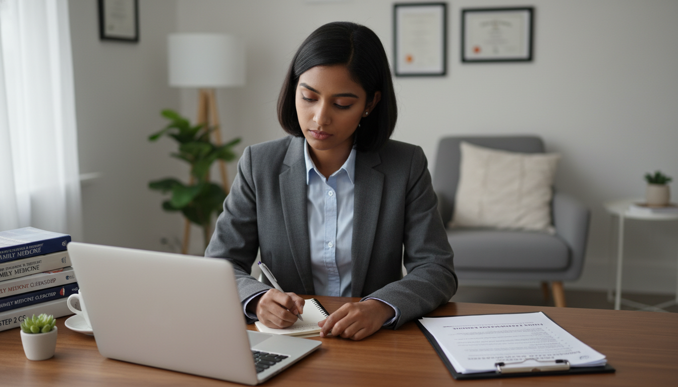 IMG preparing for family medicine residency interview with notes and laptop - IMG residency guide for Common Interview Questi