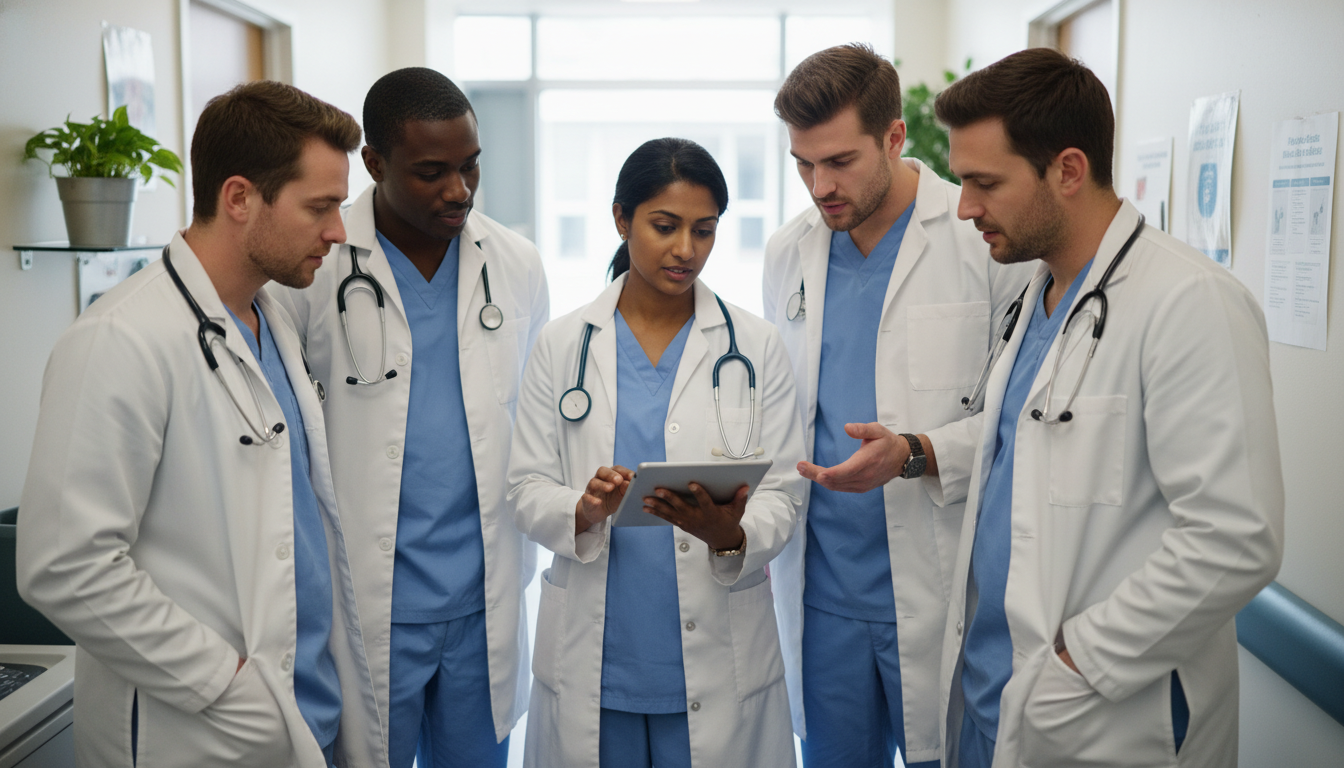 Family medicine residents in a team huddle discussing patient care - IMG residency guide for Common Interview Questions for I