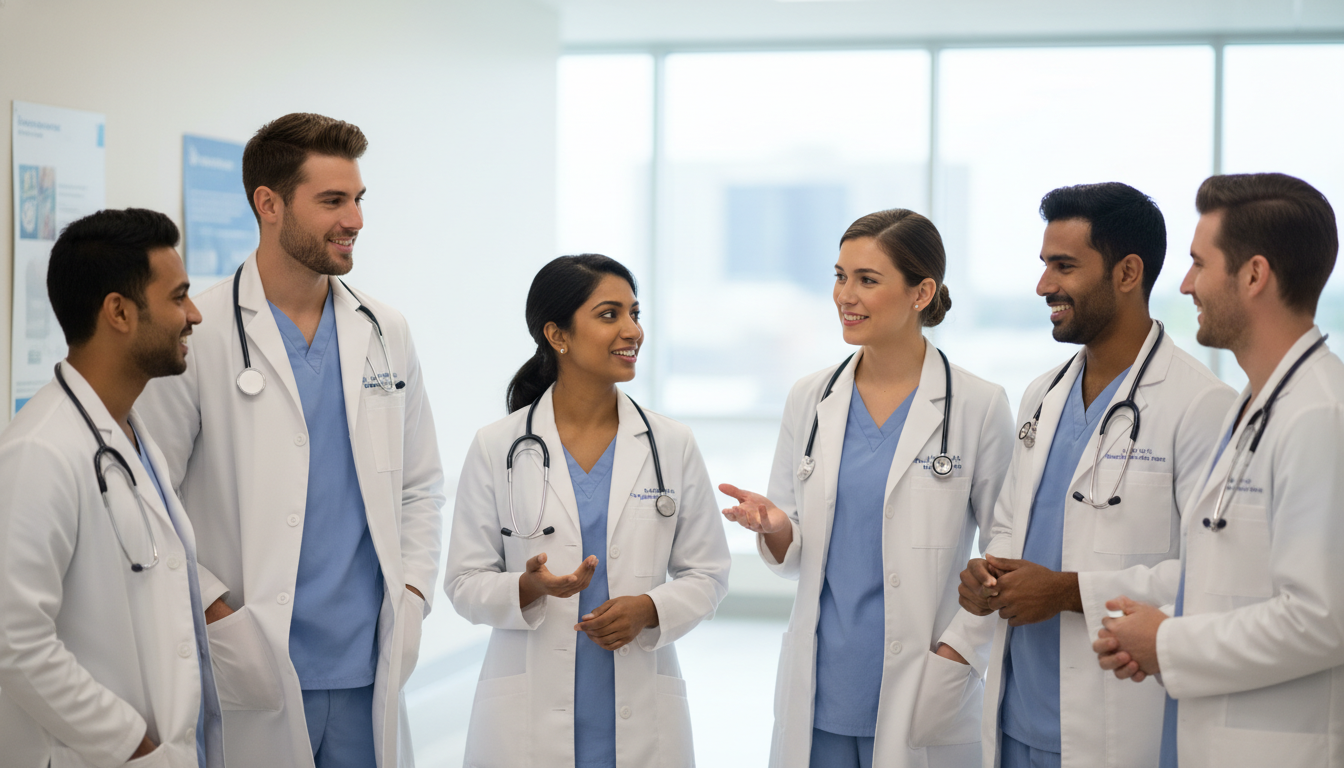 Family medicine residents and international medical graduate discussing program culture Family medicine residents and international medical graduate discussing program culture - IMG residency guide for Questions t