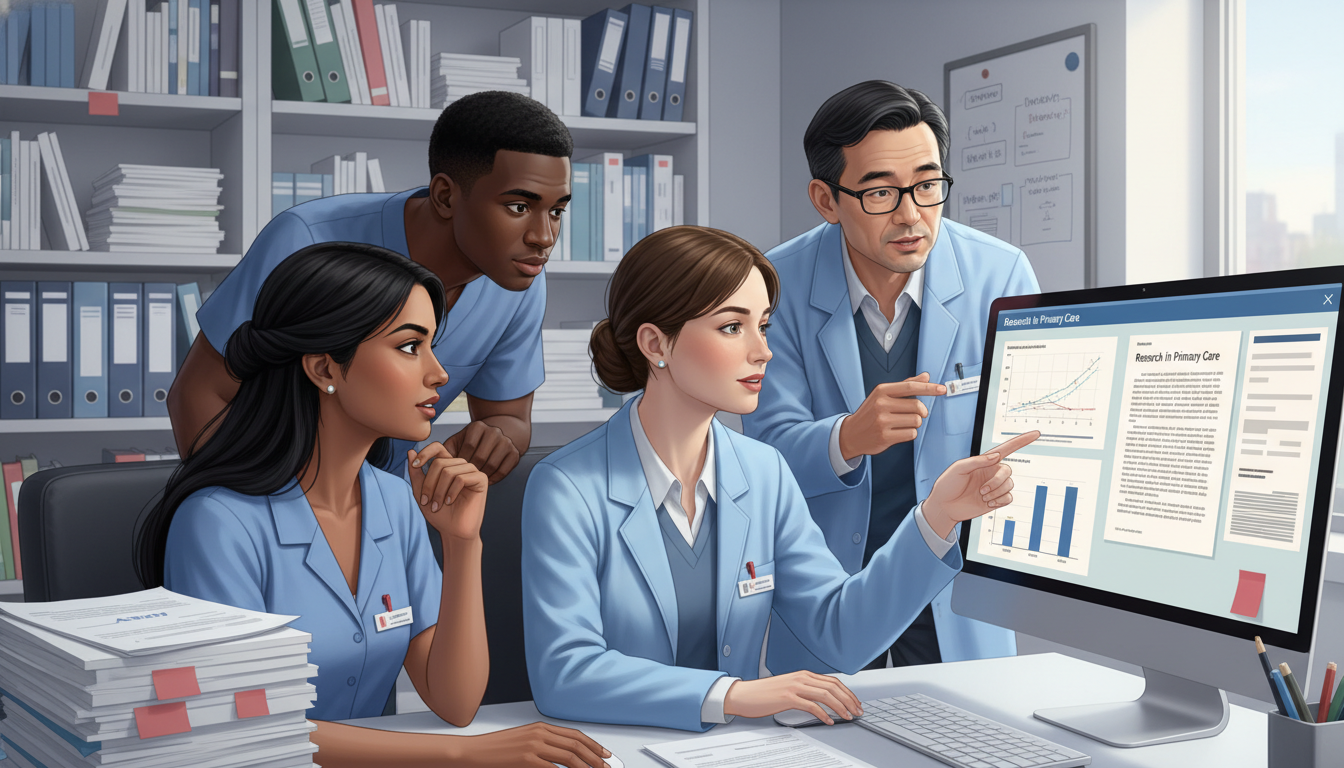 Family medicine residents and faculty mentor reviewing research data together - IMG residency guide for Research During Resid