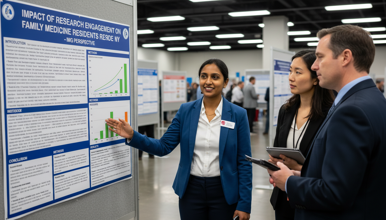 Family medicine resident presenting a research poster at a medical conference - IMG residency guide for Research During Resid