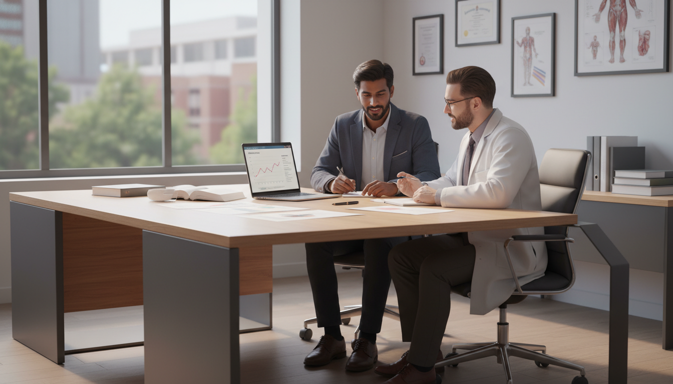 International medical graduate discussing research with a family medicine mentor - IMG residency guide for Research Profile B