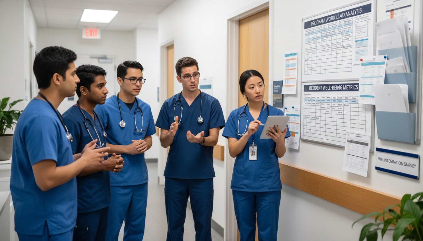 Family medicine residents in clinic discussing program experience Family medicine residents in clinic discussing program experience - IMG residency guide for Resident Turnover Warning Signs f