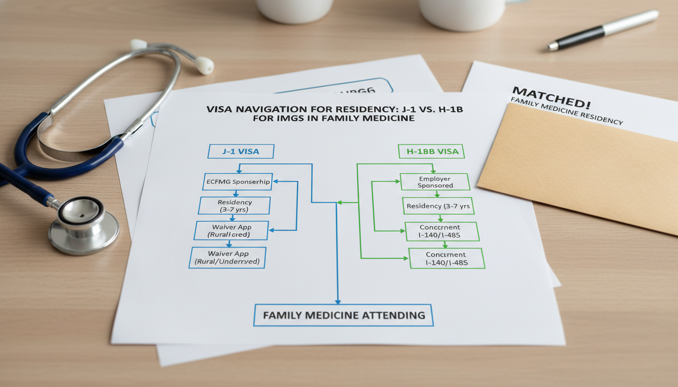Flowchart of J-1 vs H-1B visa decision for family medicine residency Flowchart of J-1 vs H-1B visa decision for family medicine residency - IMG residency guide for Visa Navigation for Residency