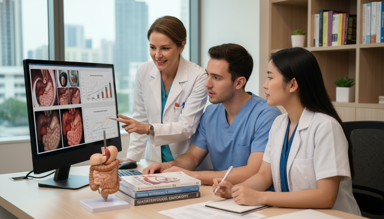 Gastroenterology fellow and resident reviewing endoscopy research data Gastroenterology fellow and resident reviewing endoscopy research data - IMG residency guide for Research During Residency fo