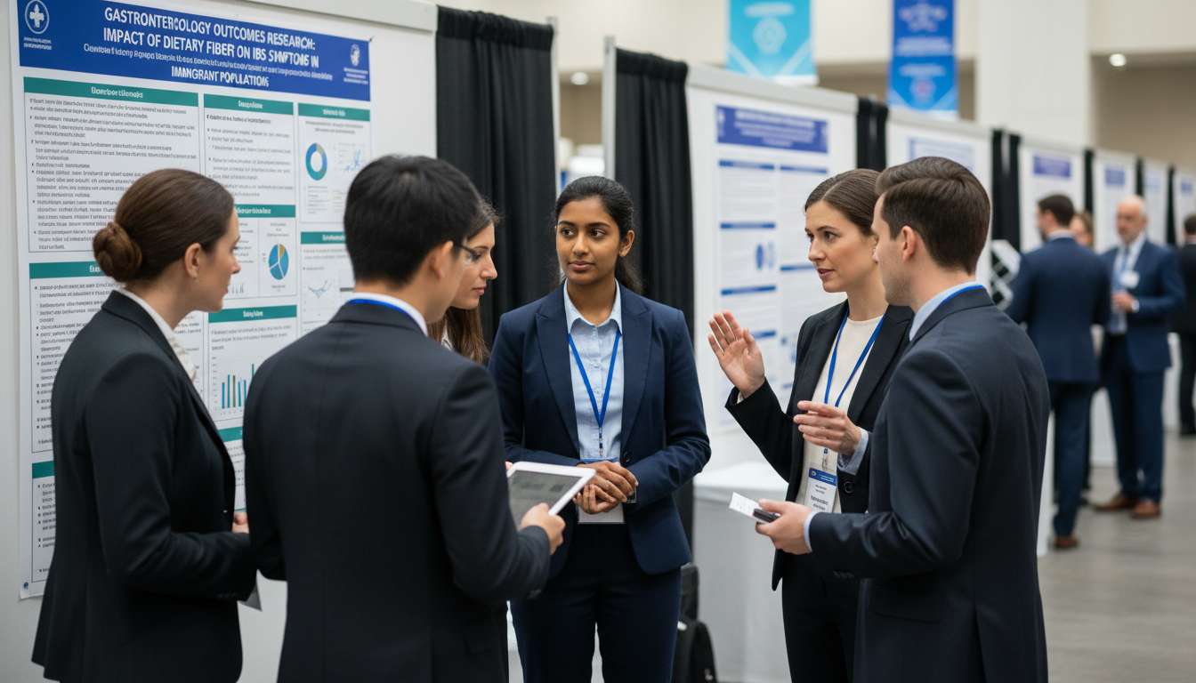 IMG resident presenting gastroenterology research poster at a medical conference IMG resident presenting gastroenterology research poster at a medical conference - IMG residency guide for Research During Re