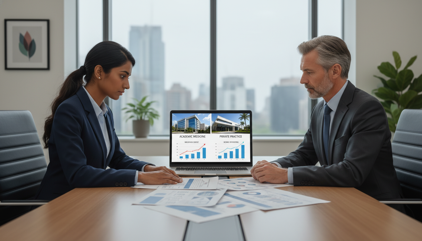 General surgeon IMG discussing career options in academic vs private practice General surgeon IMG discussing career options in academic vs private practice - IMG residency guide for Academic vs Private P