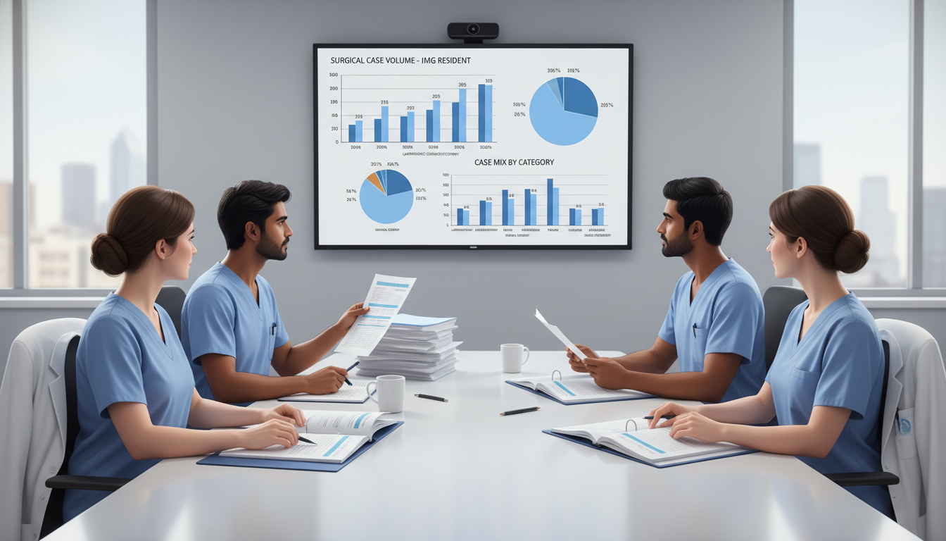 General surgery residents reviewing operative case logs and discussing case mix - IMG residency guide for Case Volume Evaluat