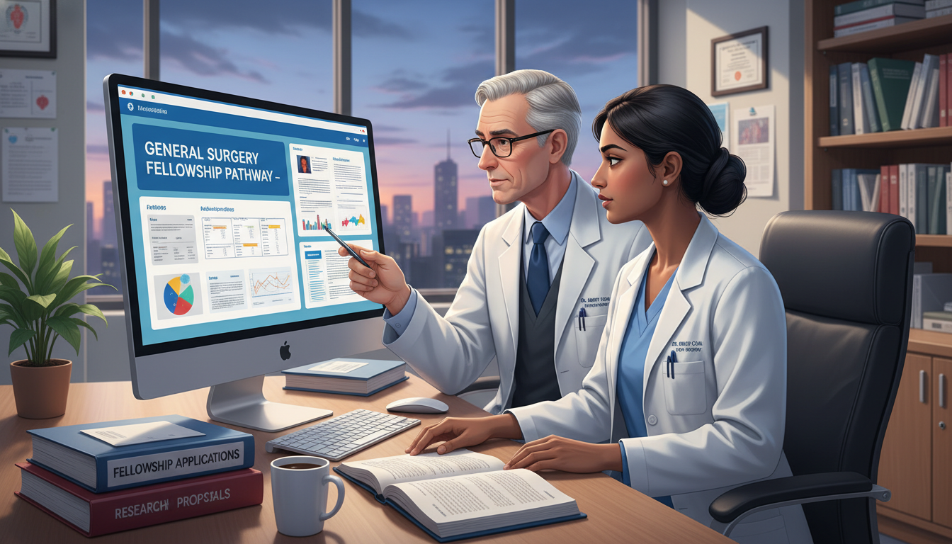 General surgery resident IMG discussing research and fellowship goals with senior surgeon mentor General surgery resident IMG discussing research and fellowship goals with senior surgeon mentor - IMG residency guide for Fe