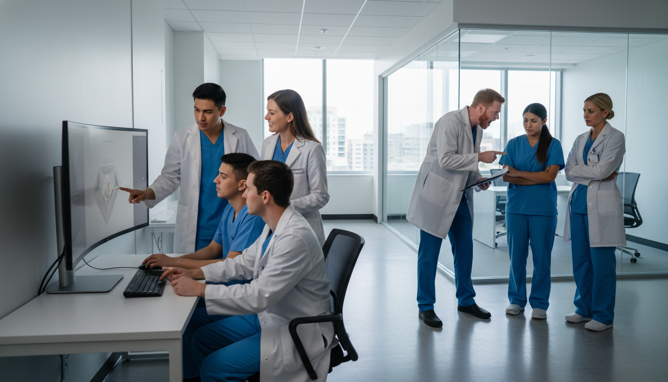 Surgical residents in discussion showing contrasting team dynamics Surgical residents in discussion showing contrasting team dynamics - IMG residency guide for Identifying Malignant Programs f