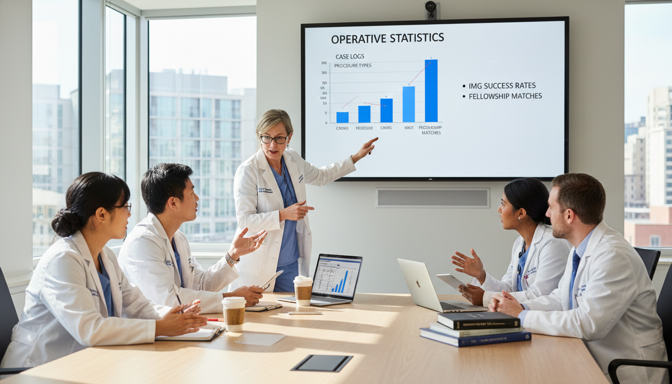 General surgery residents and program director in a teaching hospital conference room General surgery residents and program director in a teaching hospital conference room - IMG residency guide for Questions to