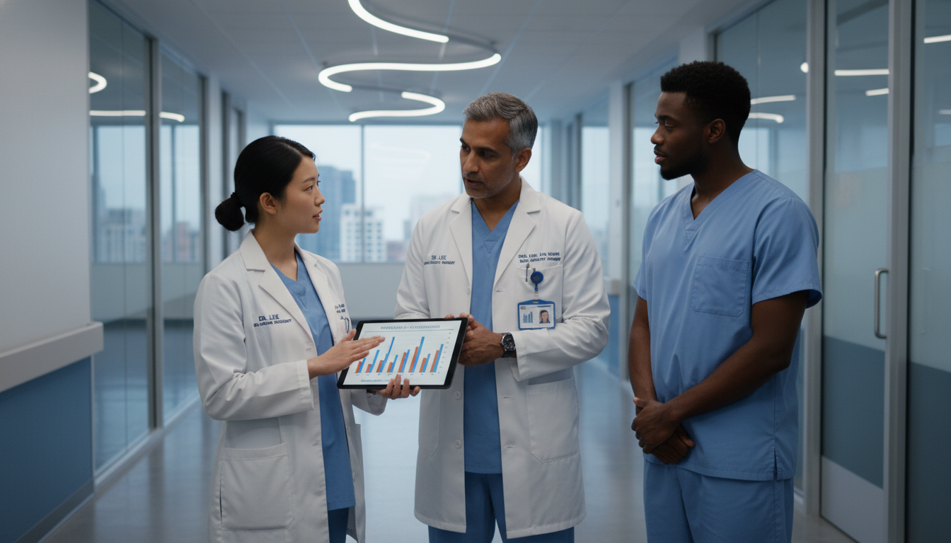 General surgery resident reviewing research data with attending surgeon General surgery resident reviewing research data with attending surgeon - IMG residency guide for Research During Residency f