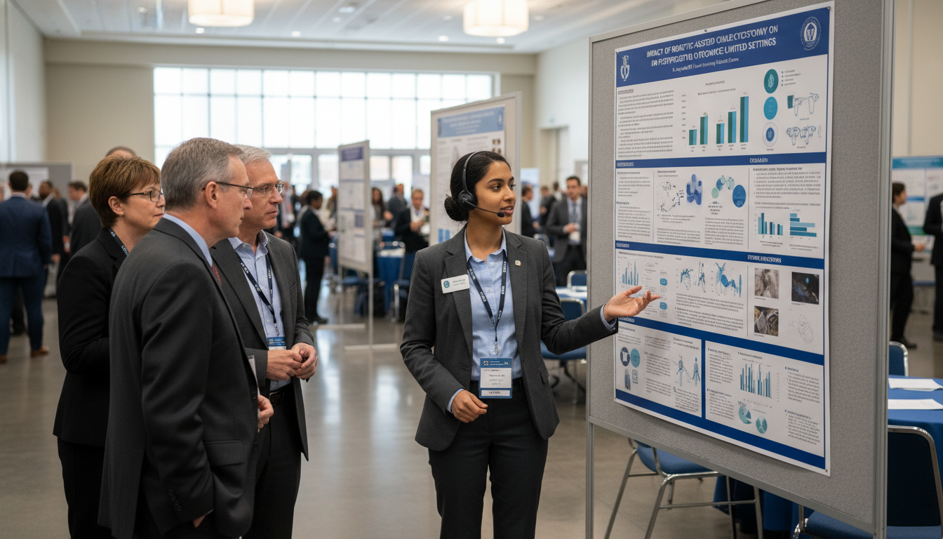 General surgery resident presenting research poster at a medical conference General surgery resident presenting research poster at a medical conference - IMG residency guide for Research During Residen