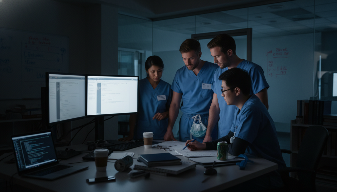 Surgery residents during night shift in hospital work room Surgery residents during night shift in hospital work room - IMG residency guide for Work-Life Balance Assessment for Interna