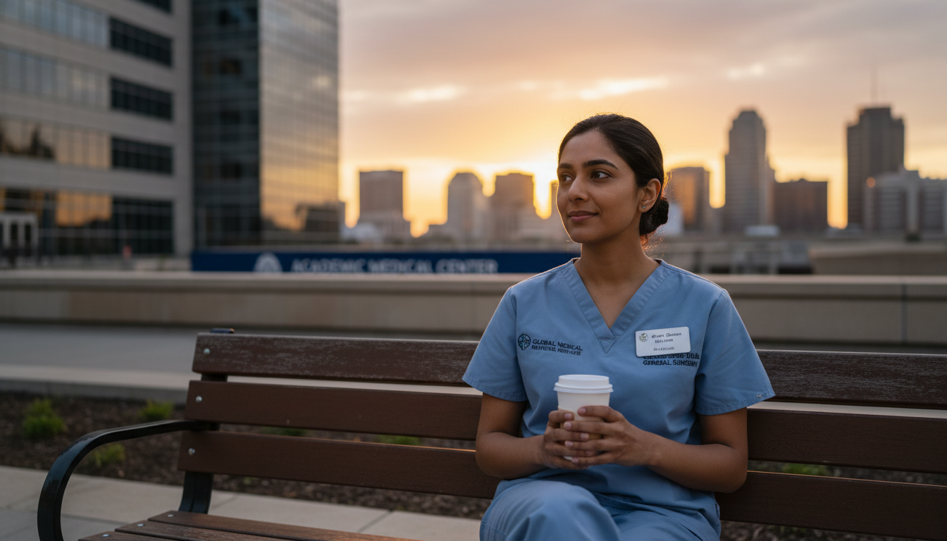 General surgery resident taking a break and reflecting outside hospital General surgery resident taking a break and reflecting outside hospital - IMG residency guide for Work-Life Balance Assessmen