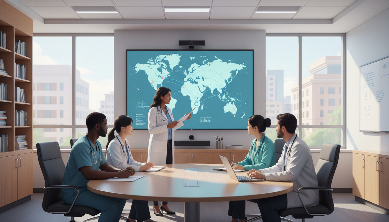 Academic physician teaching residents about global health in a hospital conference room Academic physician teaching residents about global health in a hospital conference room - IMG residency guide for Academic vs