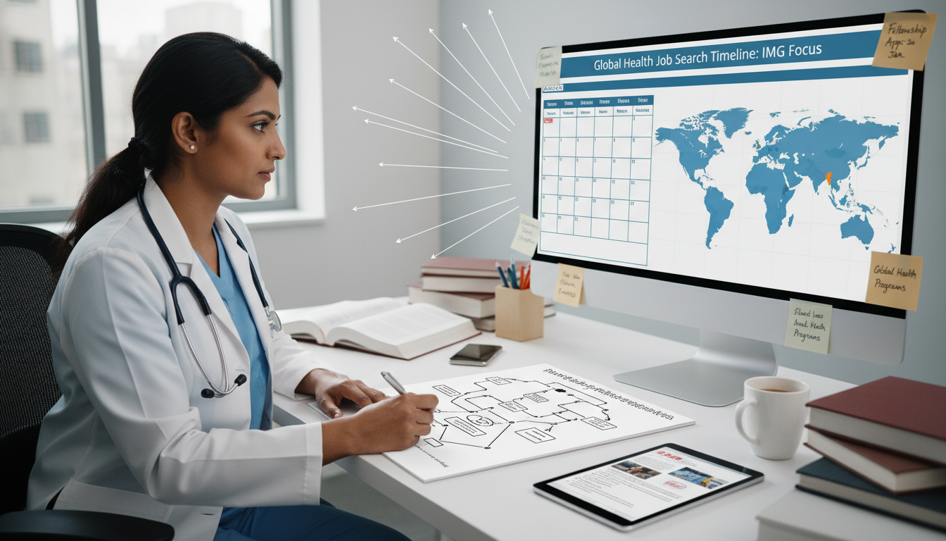 Resident physician creating global health career timeline - IMG residency guide for Job Search Timing for International Medic