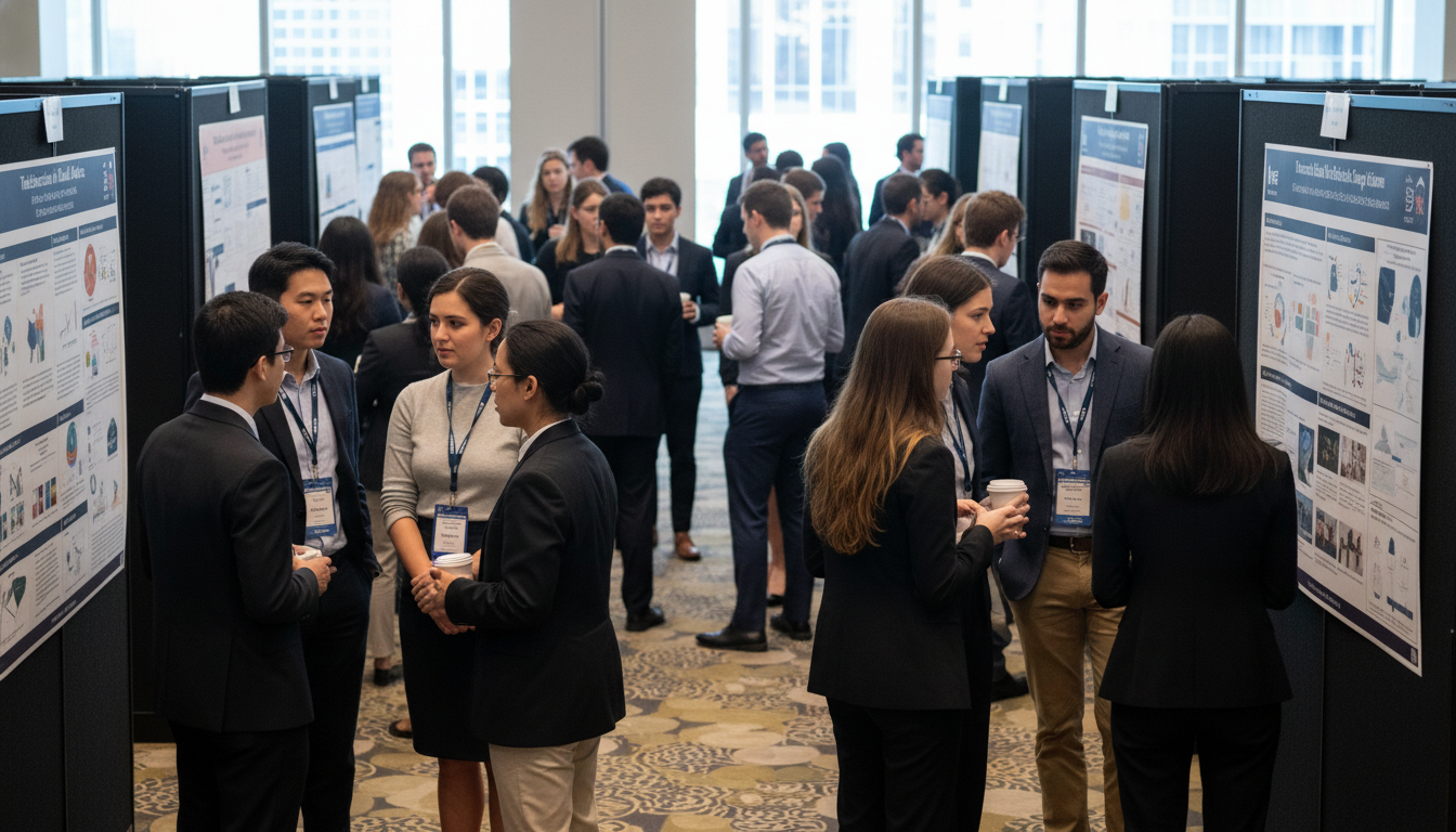 Medical students and residents networking during a poster session - IMG residency guide for Networking in Medicine for Intern