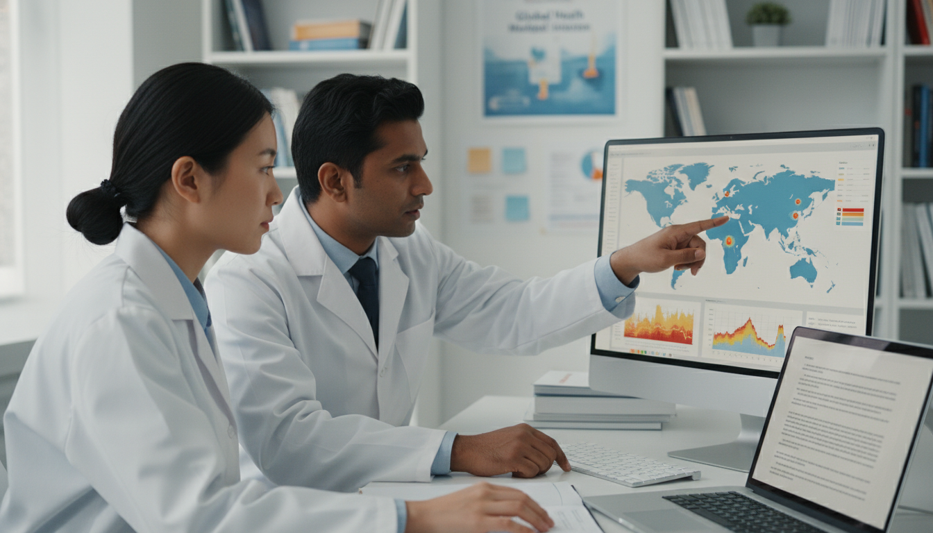 Global health resident reviewing epidemiology data with a faculty mentor Global health resident reviewing epidemiology data with a faculty mentor - IMG residency guide for Research During Residency