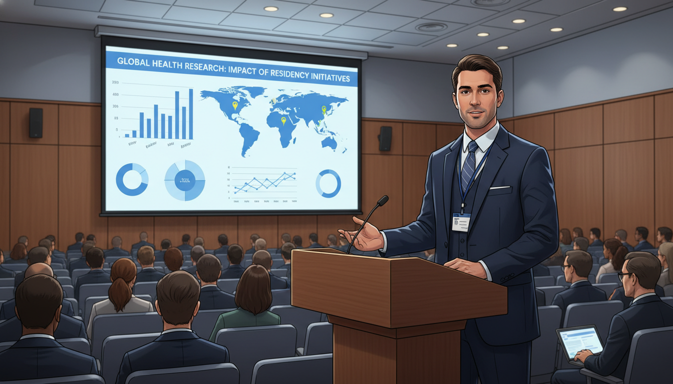 International medical resident presenting global health research at a conference International medical resident presenting global health research at a conference - IMG residency guide for Research During Re