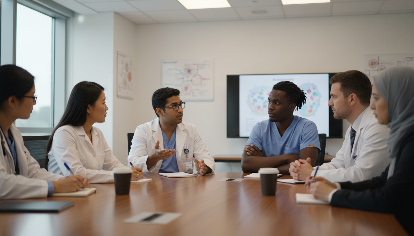 Residency interview group with international and US graduates discussing program culture Residency interview group with international and US graduates discussing program culture - IMG residency guide for Resident T