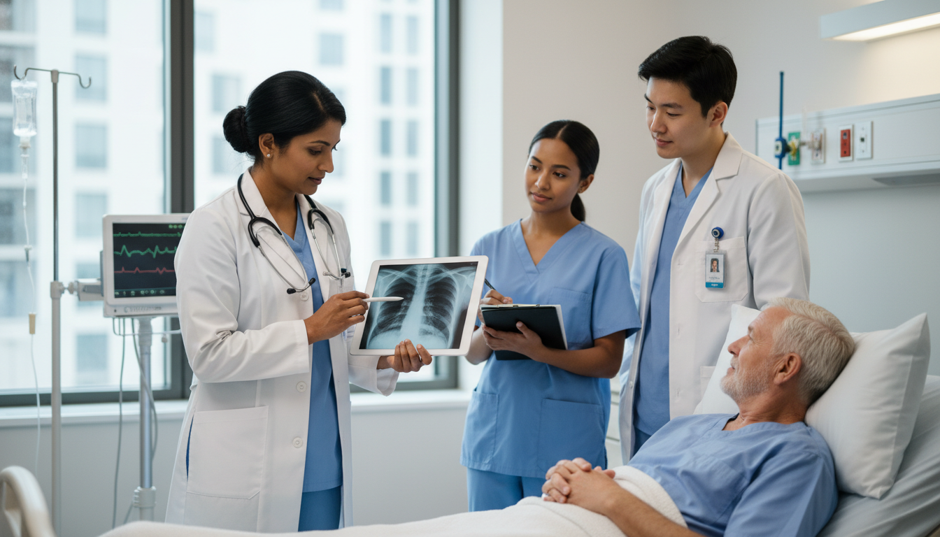 Academic internal medicine team teaching at bedside Academic internal medicine team teaching at bedside - IMG residency guide for Academic vs Private Practice for International