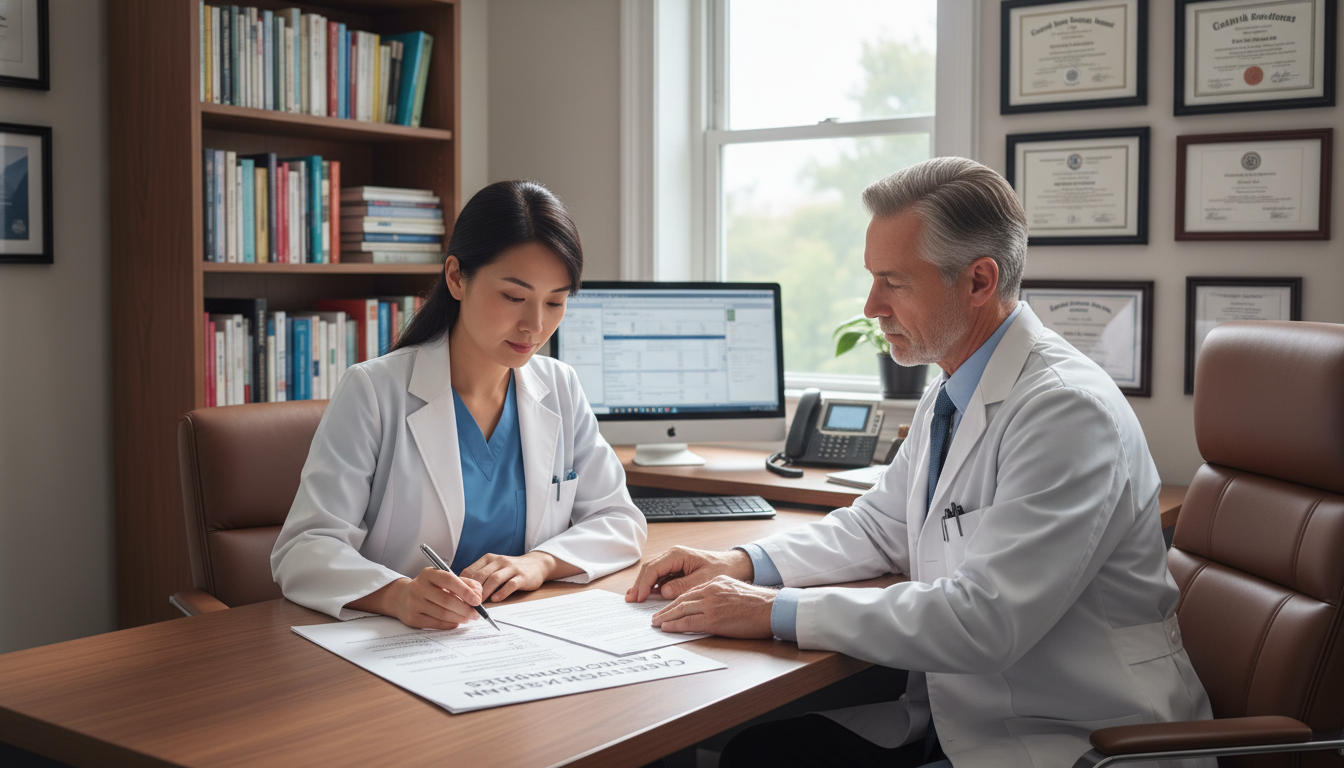 Internal medicine resident discussing career plans with mentor Internal medicine resident discussing career plans with mentor - IMG residency guide for Fellowship Preparation for Internati