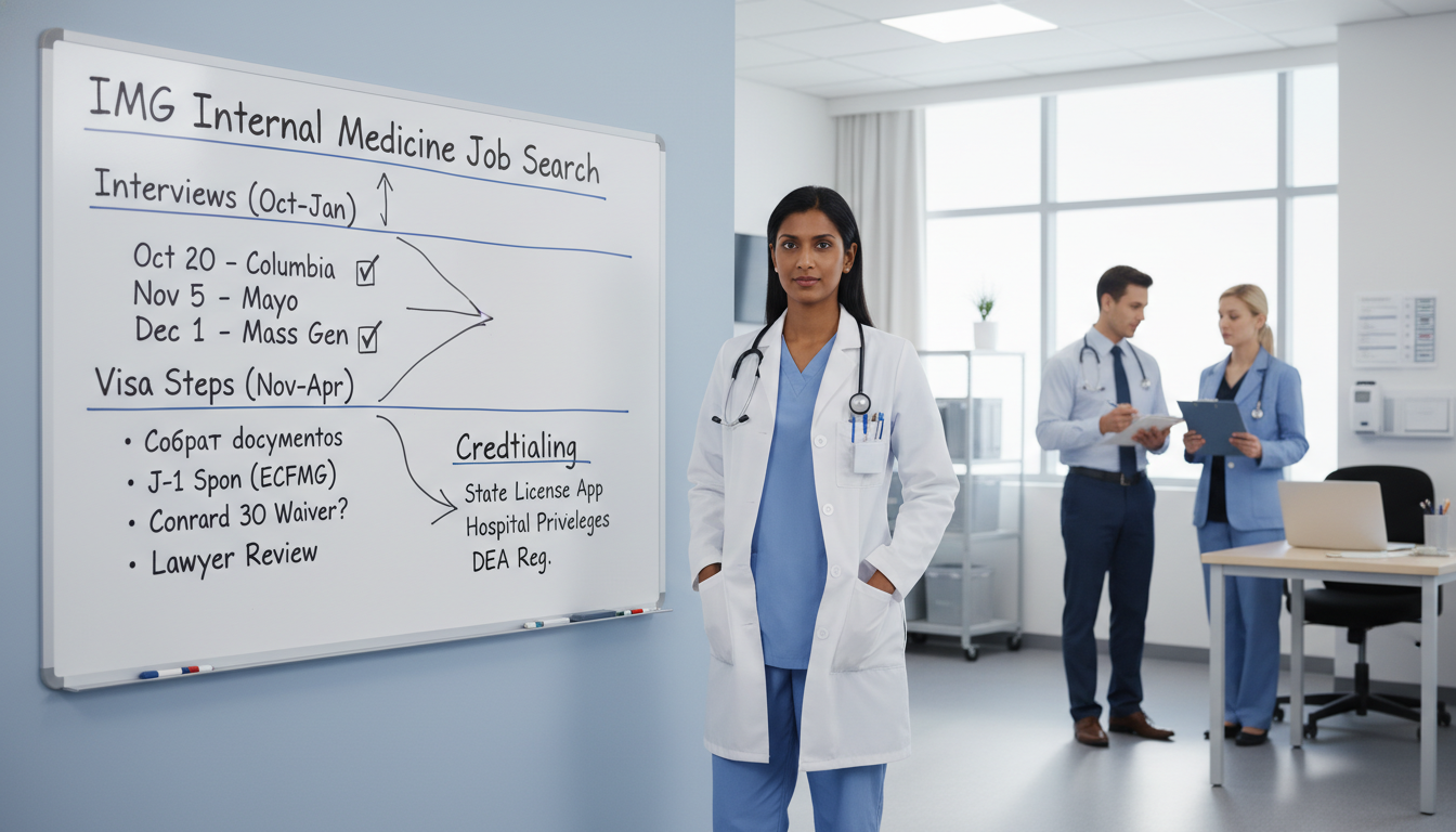 Internal medicine resident creating a job search timeline on a whiteboard Internal medicine resident creating a job search timeline on a whiteboard - IMG residency guide for Job Search Timing for Int