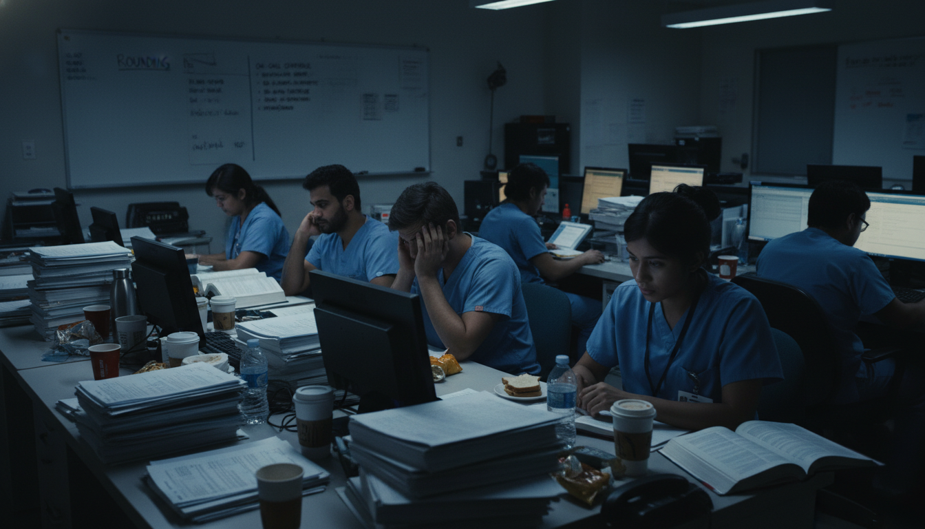 Stressed internal medicine residents working late hours at hospital computer terminals Stressed internal medicine residents working late hours at hospital computer terminals - IMG residency guide for Identifying