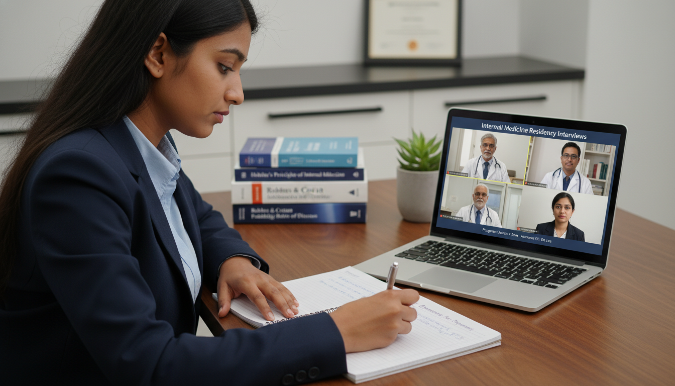 International medical graduate taking notes during virtual internal medicine residency interview International medical graduate taking notes during virtual internal medicine residency interview - IMG residency guide for Qu