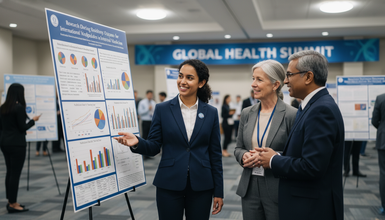 Resident presenting a research poster at a medical conference Resident presenting a research poster at a medical conference - IMG residency guide for Research During Residency for Interna