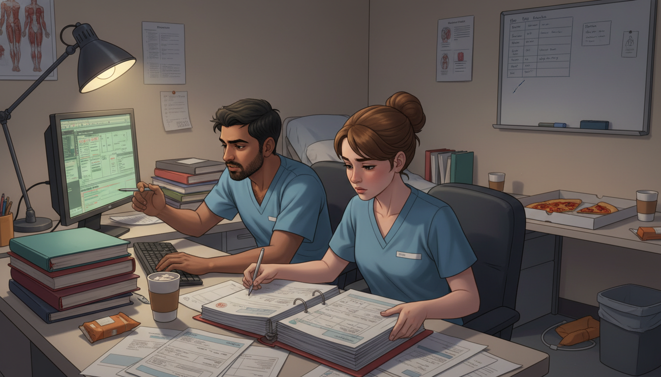 Tired internal medicine residents in call room reviewing patient charts Tired internal medicine residents in call room reviewing patient charts - IMG residency guide for Resident Turnover Warning S